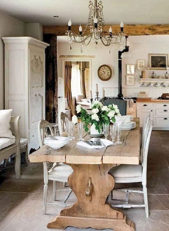 Farmhouse Table with Distressed Wood Top, Turned Legs, and Bench
