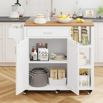 Farmhouse White Kitchen Cart, Wood Top & Cup Pulls