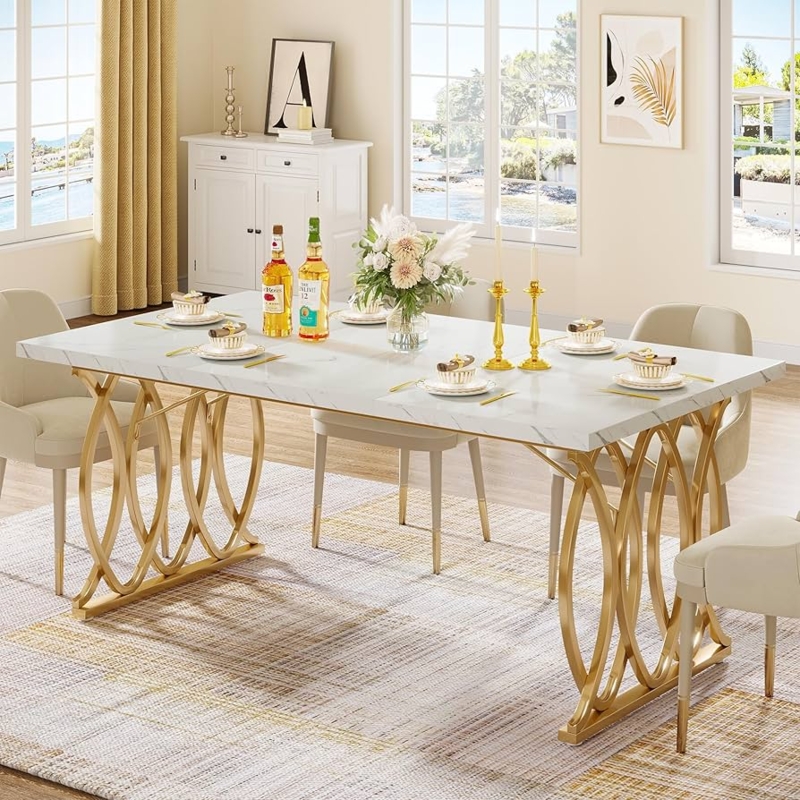 Faux Marble Dining Table Geometric Legs Modern Glam Style