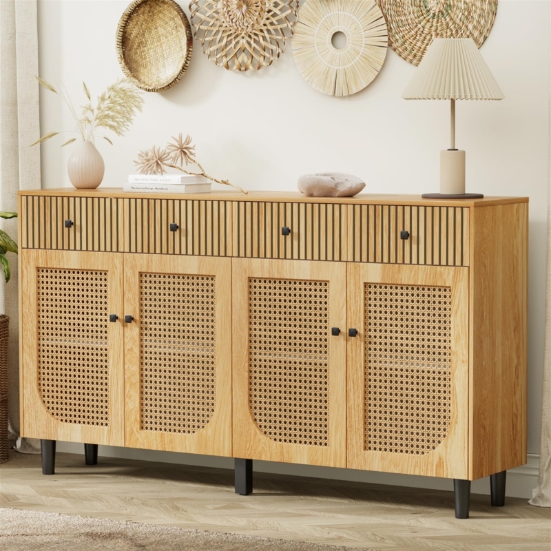 Fluted Wood Sideboard Storage with Rattan Panels and Gold Legs