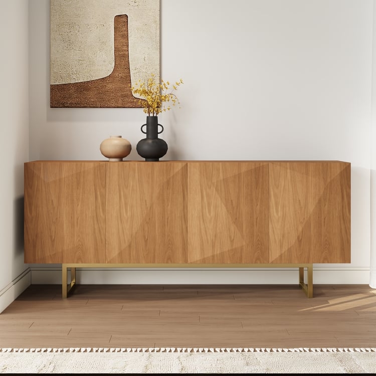 Fluted Wood Sideboard with a Gold Metal Stand