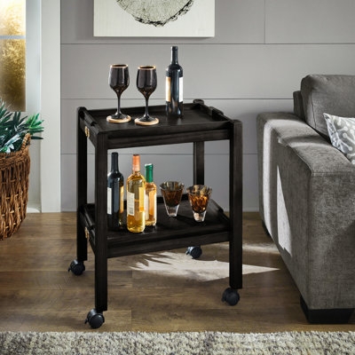 Folding Bar Cart Wood Finish Removable Trays Portable Serving