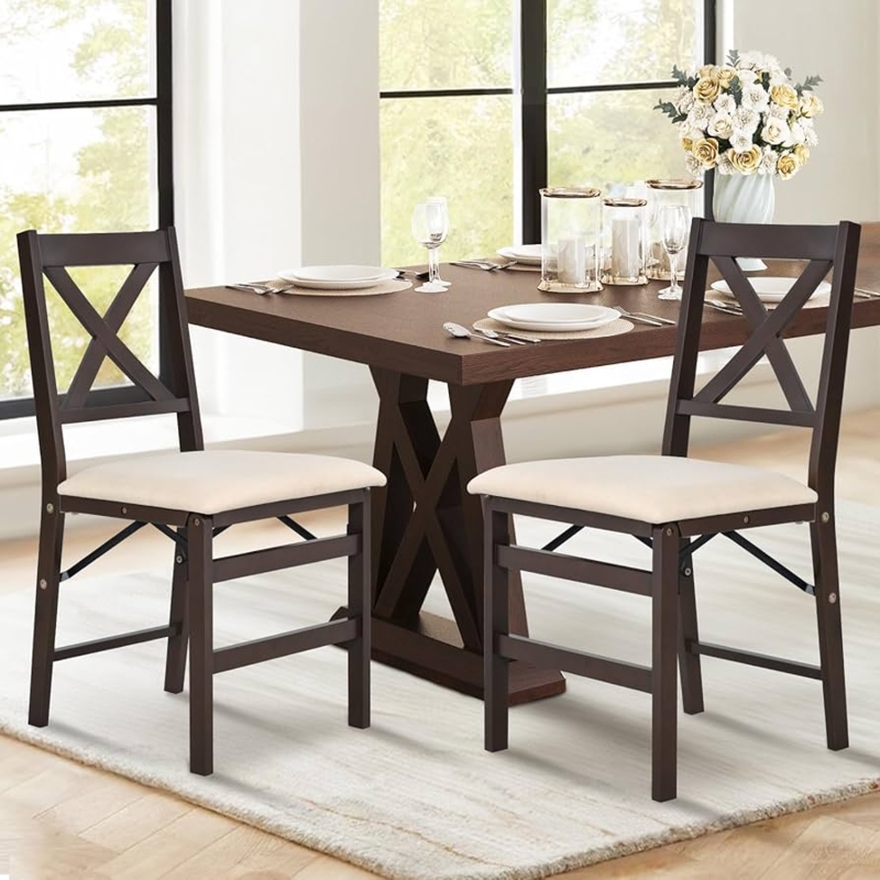 Folding Dining Chair Wood Toned Upholstered Seat Tapered Legs