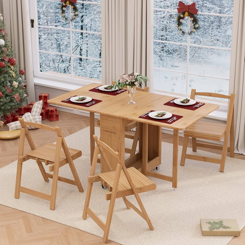 Folding Dining Set Bamboo Tone Drop Leaf, Built-In Chair Storage