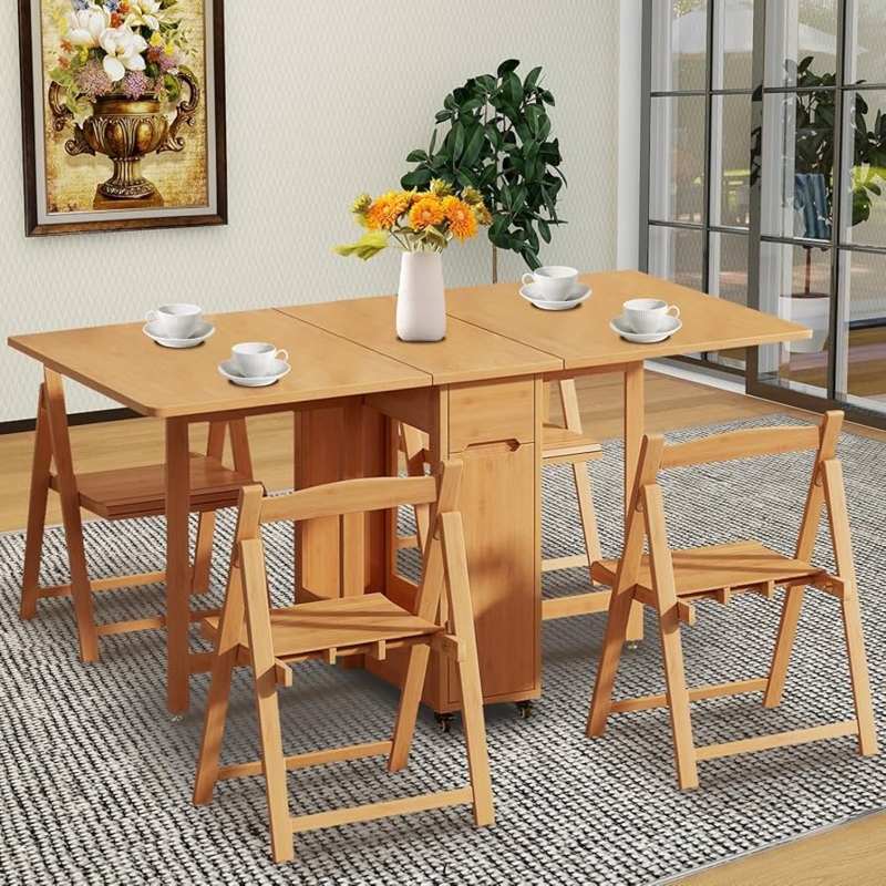 Folding Dining Table Set, Nested Chair Storage, Natural Wood Drop Leaf