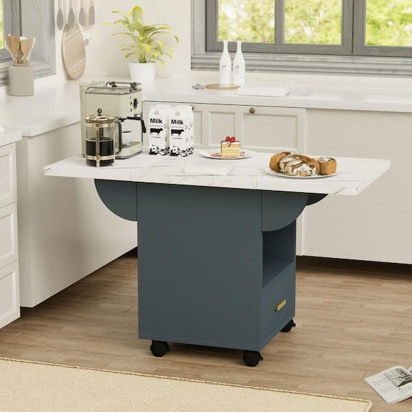 Folding Dining Table White Drop Leaf Mobile Caster Base Storage Rack