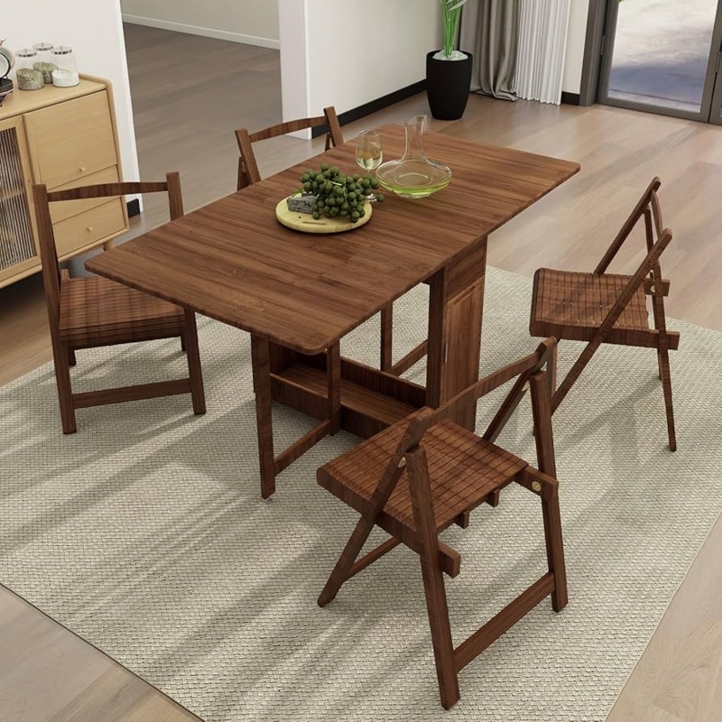 Folding Dining Table with Six Wheel Base, Mid Century Walnut and White