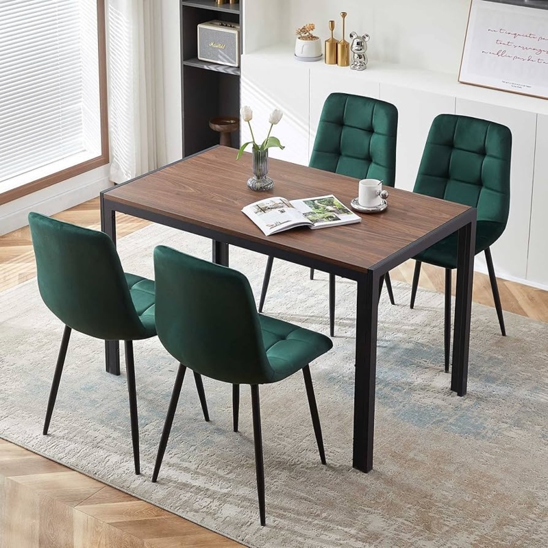 Forest Green Velvet Dining Chairs Set Walnut Table Metal Legs Modern