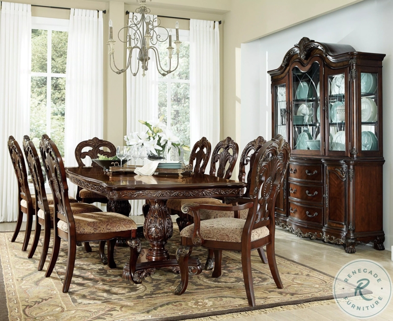 Formal Dining Table Double Pedestal Base Cherry Wood Traditional Style