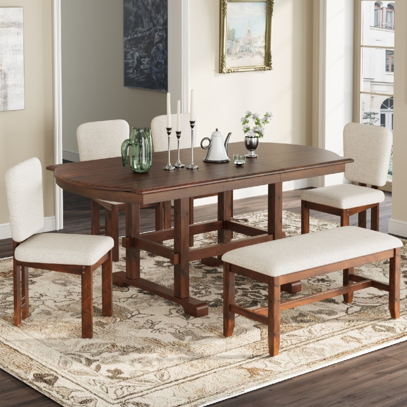 Formal Dining Table Set with Bench Espresso Finish Beige Upholstery
