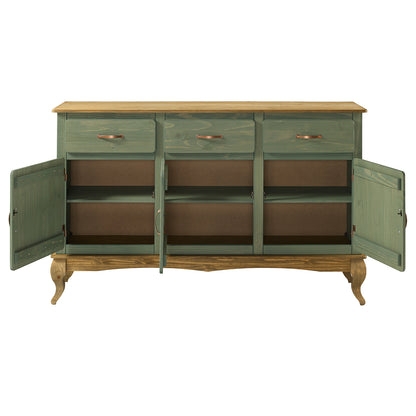 Four Door Buffet Wood Top Reeded Panels Plinth Base Farmhouse