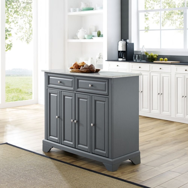 Freestanding Kitchen Island with Lattice Doors, Open Side Shelving, White