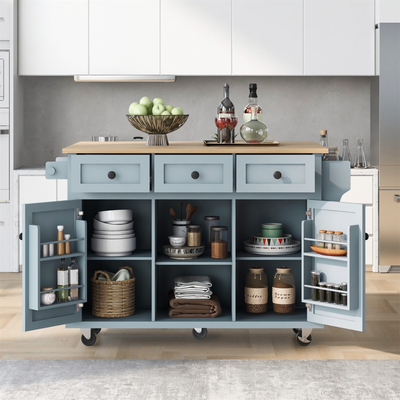 Freestanding Kitchen Island with Towel Racks, Wood Top, and Navy Finish