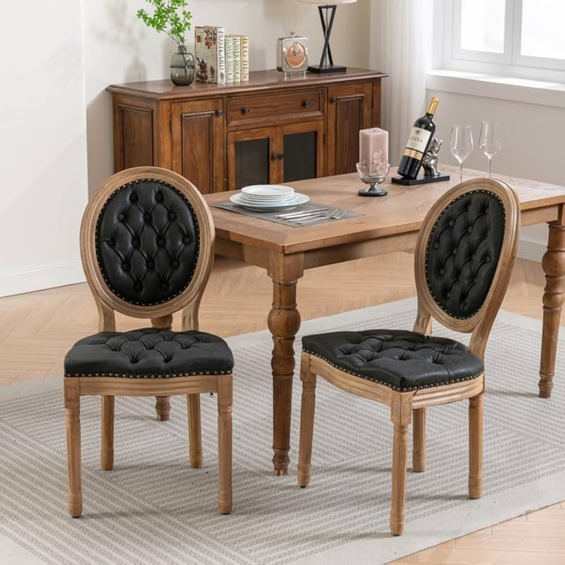 French Country Dining Chairs with Round Tufted Back and Nailhead Trim
