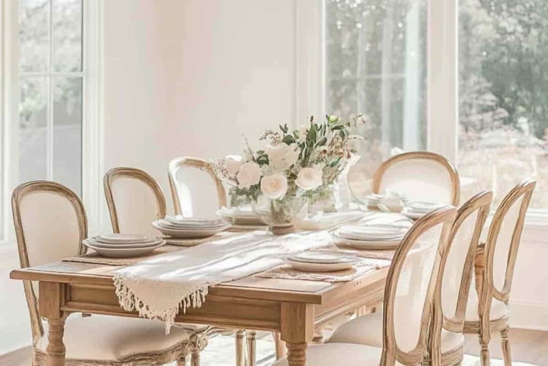 French Country Dining Set with Trestle Base and Tufted Upholstery