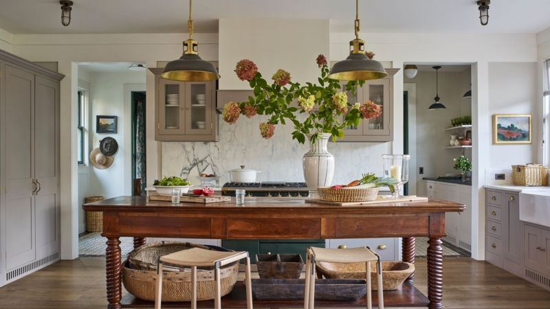 French Country Kitchen: Exposed Brick Wall, Furniture Style Island