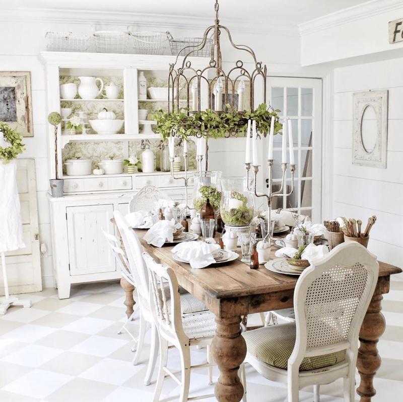 French Country Pedestal Dining Table with Elegant Tufted Chairs