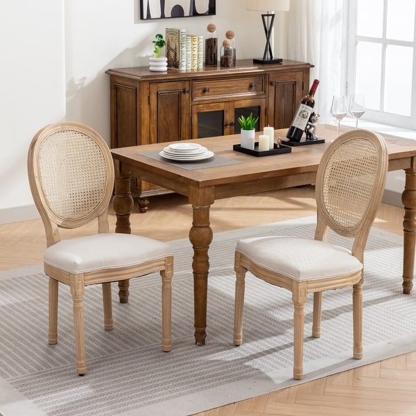 French Country Rattan Back Dining Chairs with Fluted Legs