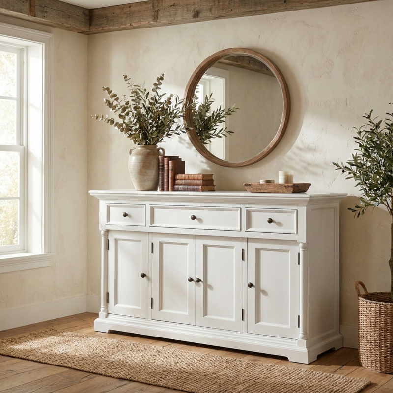 French Country Sideboard: Matte White Finish & Wire Mesh Doors Buffet