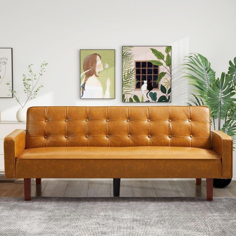 Futon Sofa in Retro Brown Leather-Like Fabric with Tufted Cushions