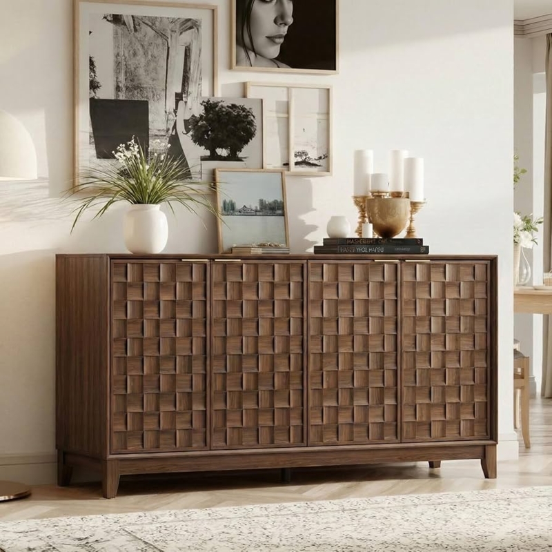 Geometric Coffee Bar Cabinet Dark Finish with 3D Checkerboard Doors