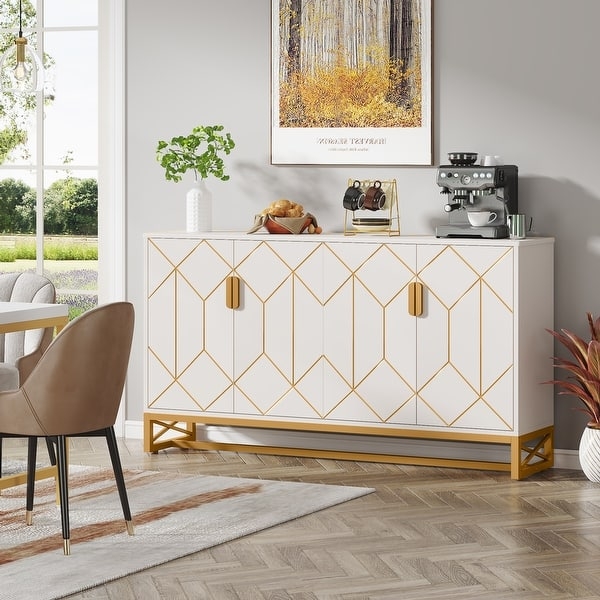 Geometric Diamond Pattern White Sideboard with Gold Metal Base