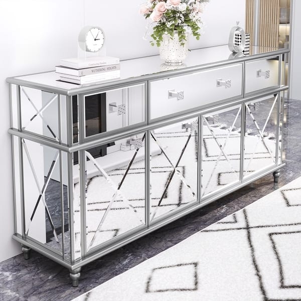 Geometric Fretwork Mirrored Sideboard with Crystal Knobs and Tapered Feet
