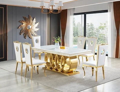 Geometric Pedestal Dining Set with Marble Look Top and 6 Chairs