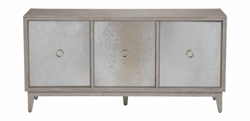 Geometric Wood Overlay Cabinet Three Door Mirrored Oak