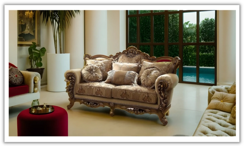 Gilded Wood Loveseat with Mocha Damask Fabric