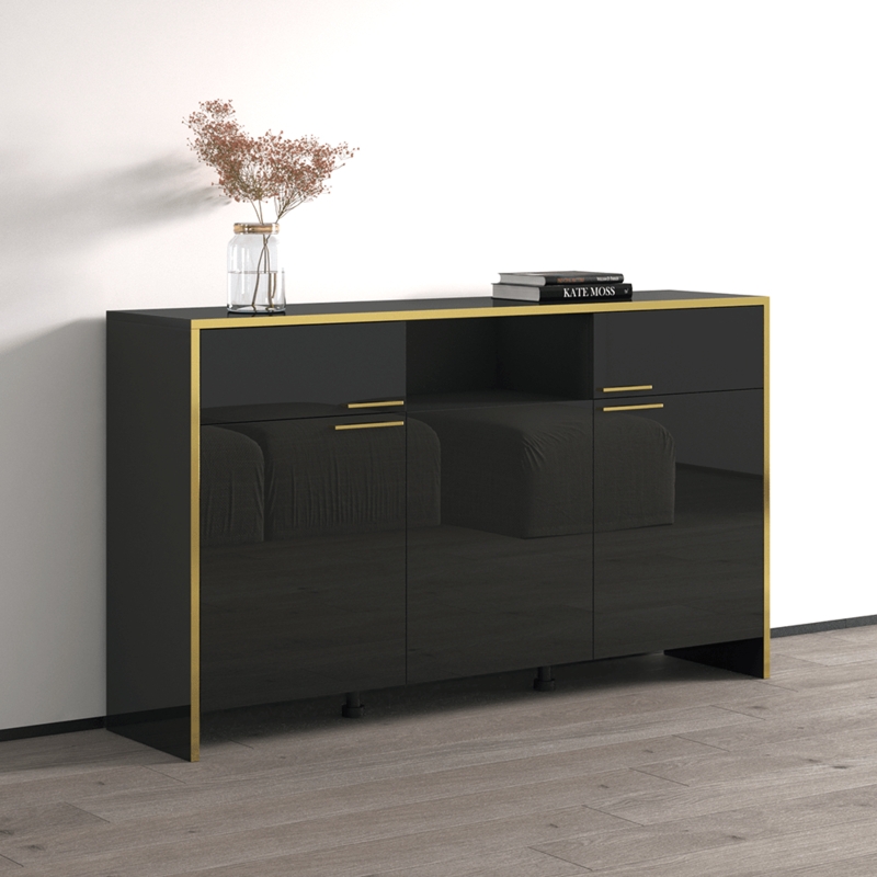 Glam Black Sideboard Geometric Gold Trim Overlay Tapered Legs