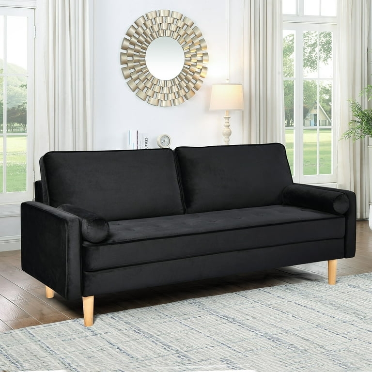 Glam Black Velvet Tufted Loveseat with Gold-Toned Tapered Legs & Bolsters