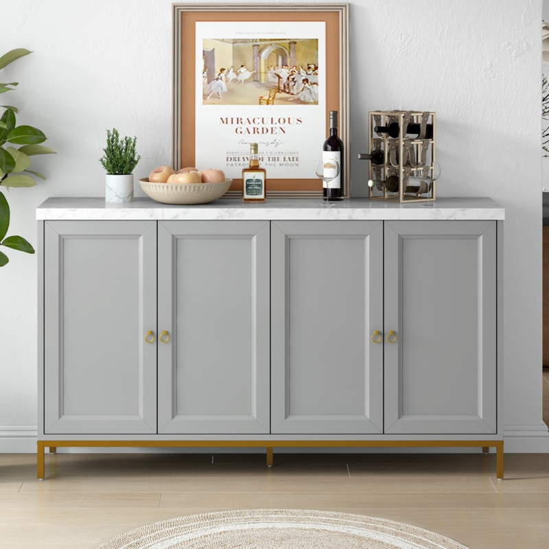 Glam Buffet Cabinet with Faux Marble Top and Geometric Door Overlays