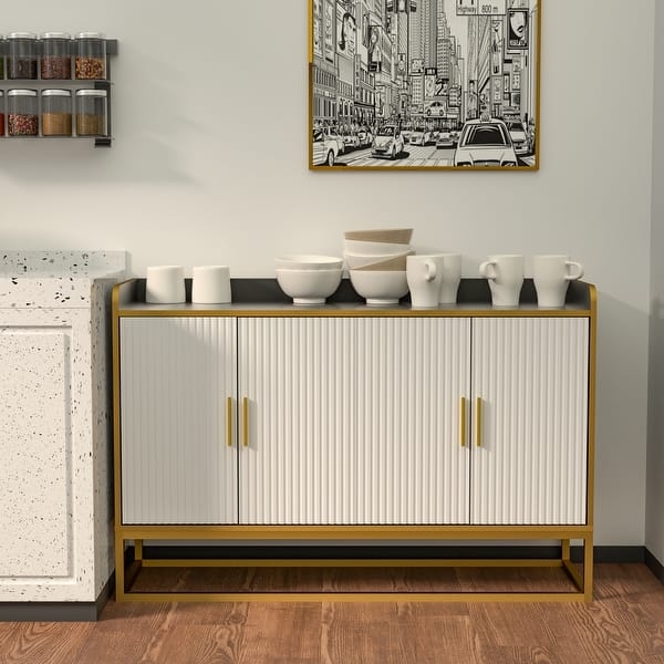 Glam Credenza Deep Teal Fluted Doors Circular Gold Hardware