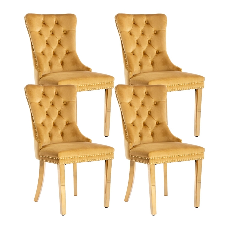 Glam Dining Chair Gold Velvet Button Tufted Back Ring Pull