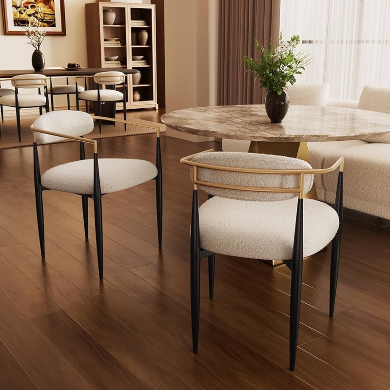 Glam Dining Chair White Boucle Polished Gold Armrests Black Legs