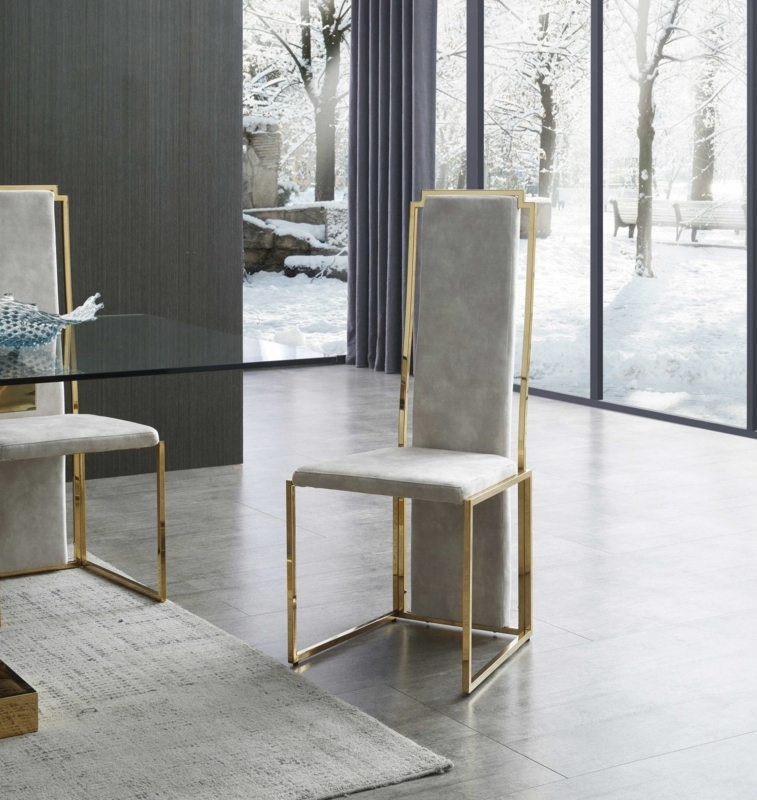 Glam Dining Room Seating with Gold Legs and Beige Channel Tufting