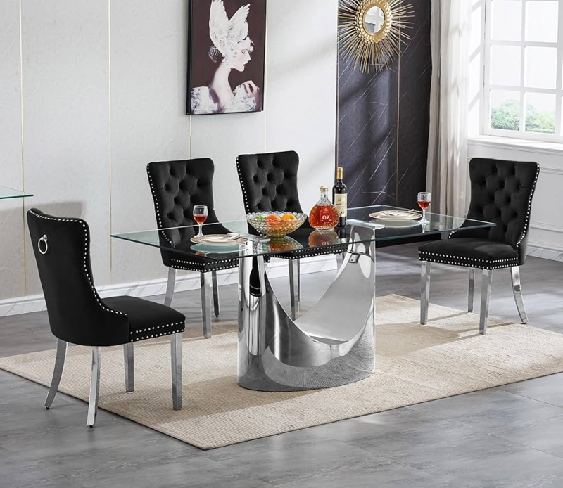 Glam Dining Room Set Glass Table Silver U-Pedestal Base