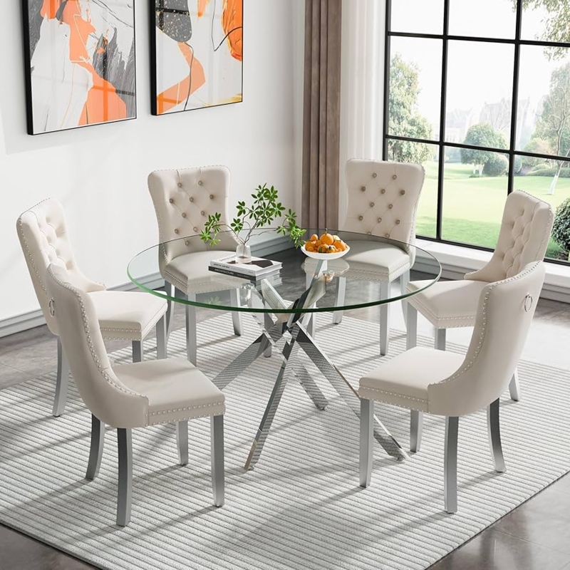 Glam Dining Set Chrome X-Base Round Glass Top White Velvet Chairs