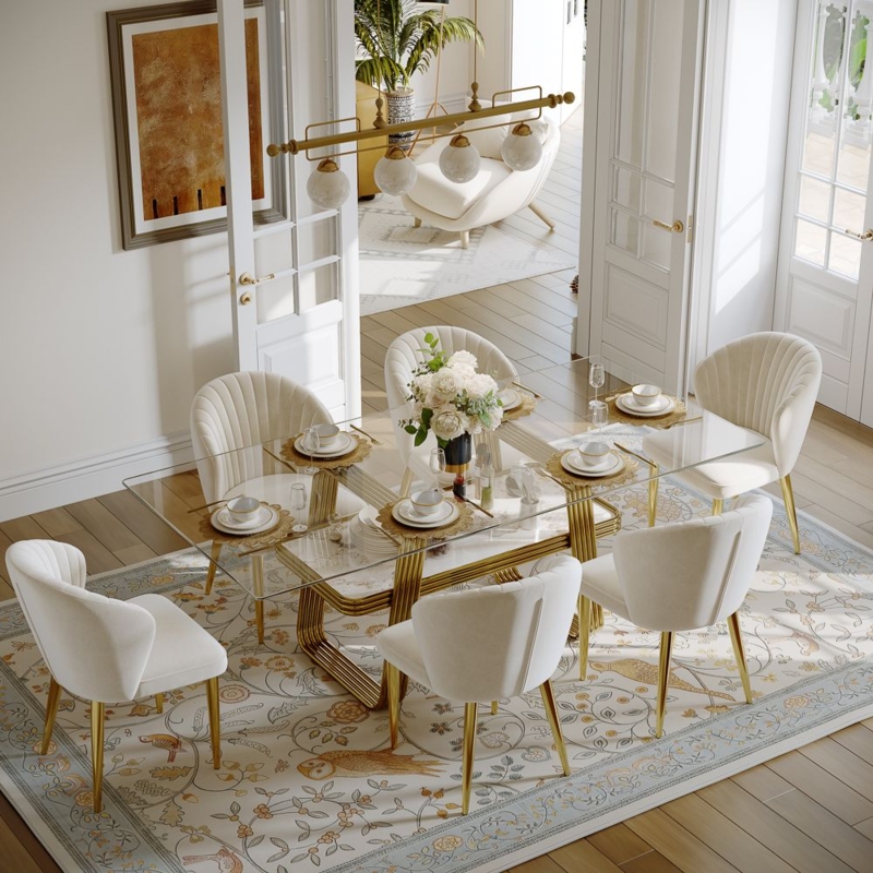 Glam Dining Set Rectangular Glass Top Polished Gold Metal Frame White