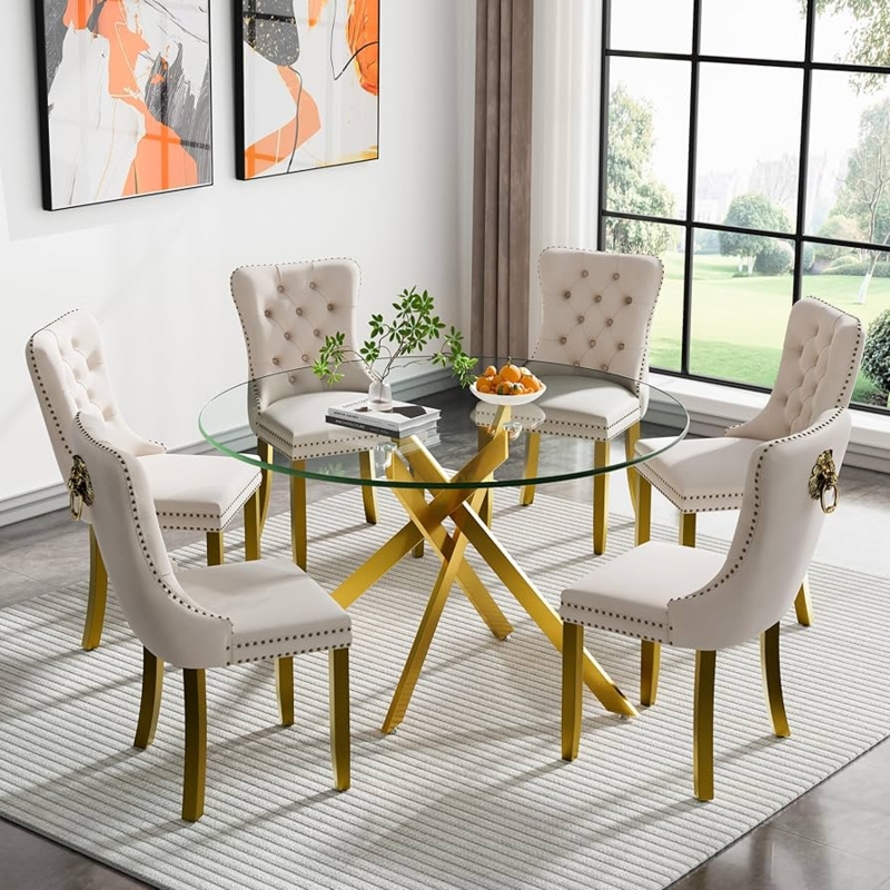 Glam Dining Set Round Glass Top Gold Geometric Base Velvet Tufted Back
