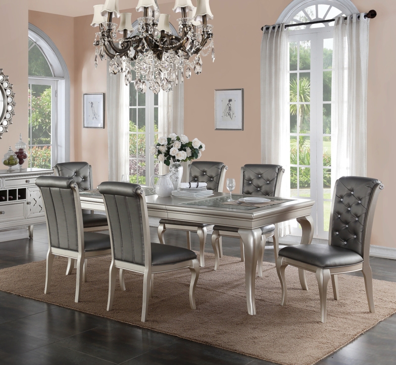 Glam Dining Set with Metallic Silver Finish and Mirror Inlay Trim
