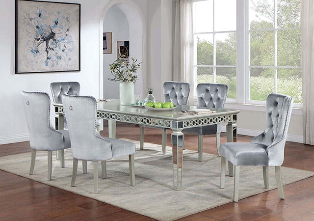 Glam Dining Set with Mirrored Silver Table and Button Tufted Grey Chairs