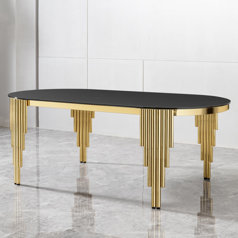Glam Dining Table Black Glass, Geometric Gold Pedestal Base