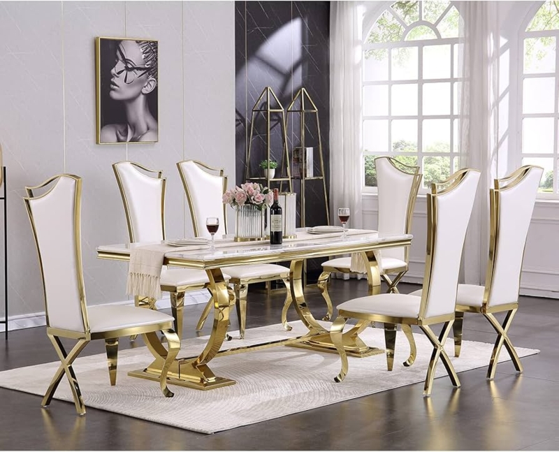 Glam Dining Table Set White Circular Trellis Base Polished Metal
