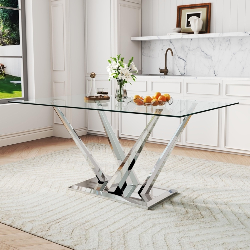 Glam Dining Table with Sculptural Silver Tubular Base