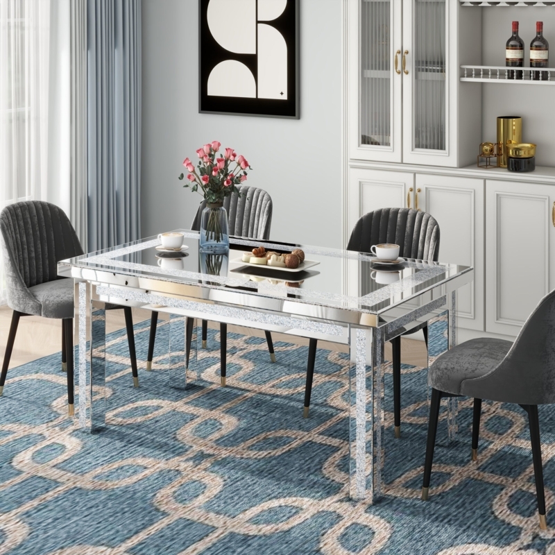 Glam Dining Table with Silver Mirrored Finish and Crystal Inlay