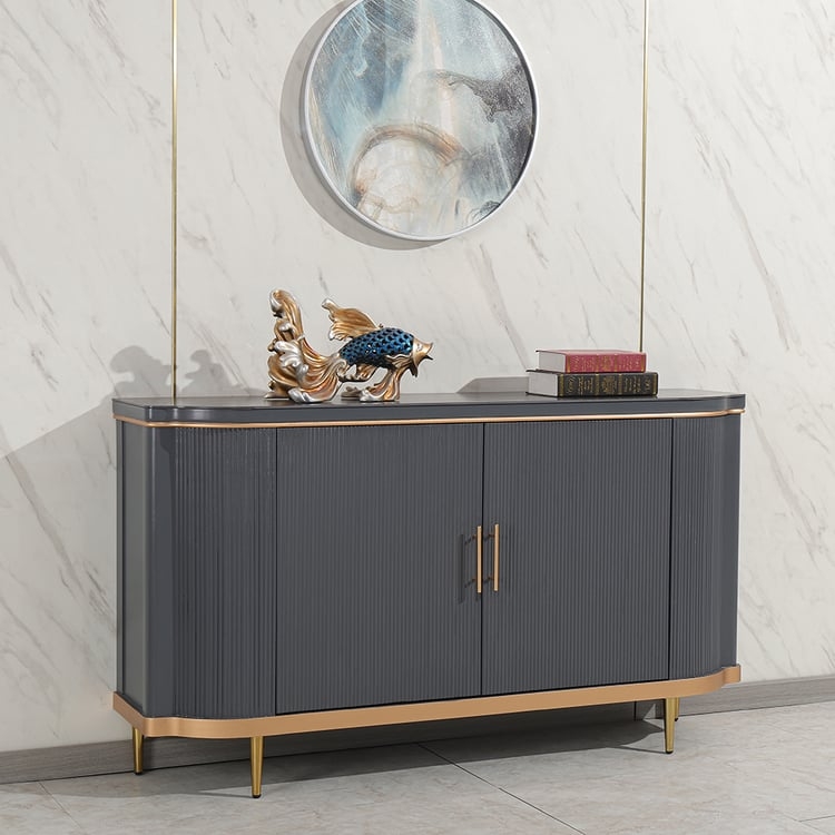 Glam Fluted Sideboard with Stone-Like Top and Gold Legs