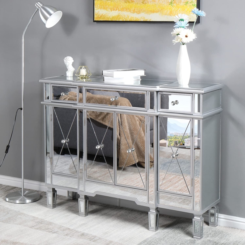 Glam Mirrored Buffet Cabinet with Crystal Knobs and Drawers