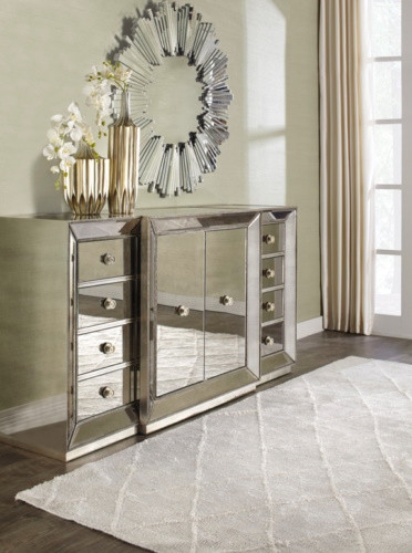 Glam Mirrored Buffet with Gold Geometric Beading and Drawers